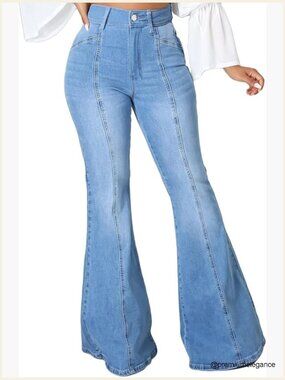 Womens Bell Bottom Jeans Elastic Waist Ripped Flared Raw Hem Denim Pants